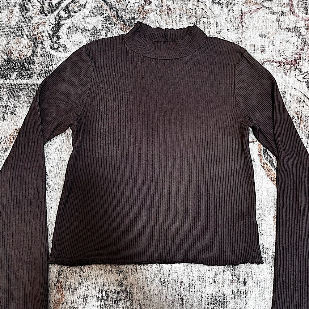 American Eagle Brown Ribbed Mock Neck Shirt Lettuce Trim Size Large